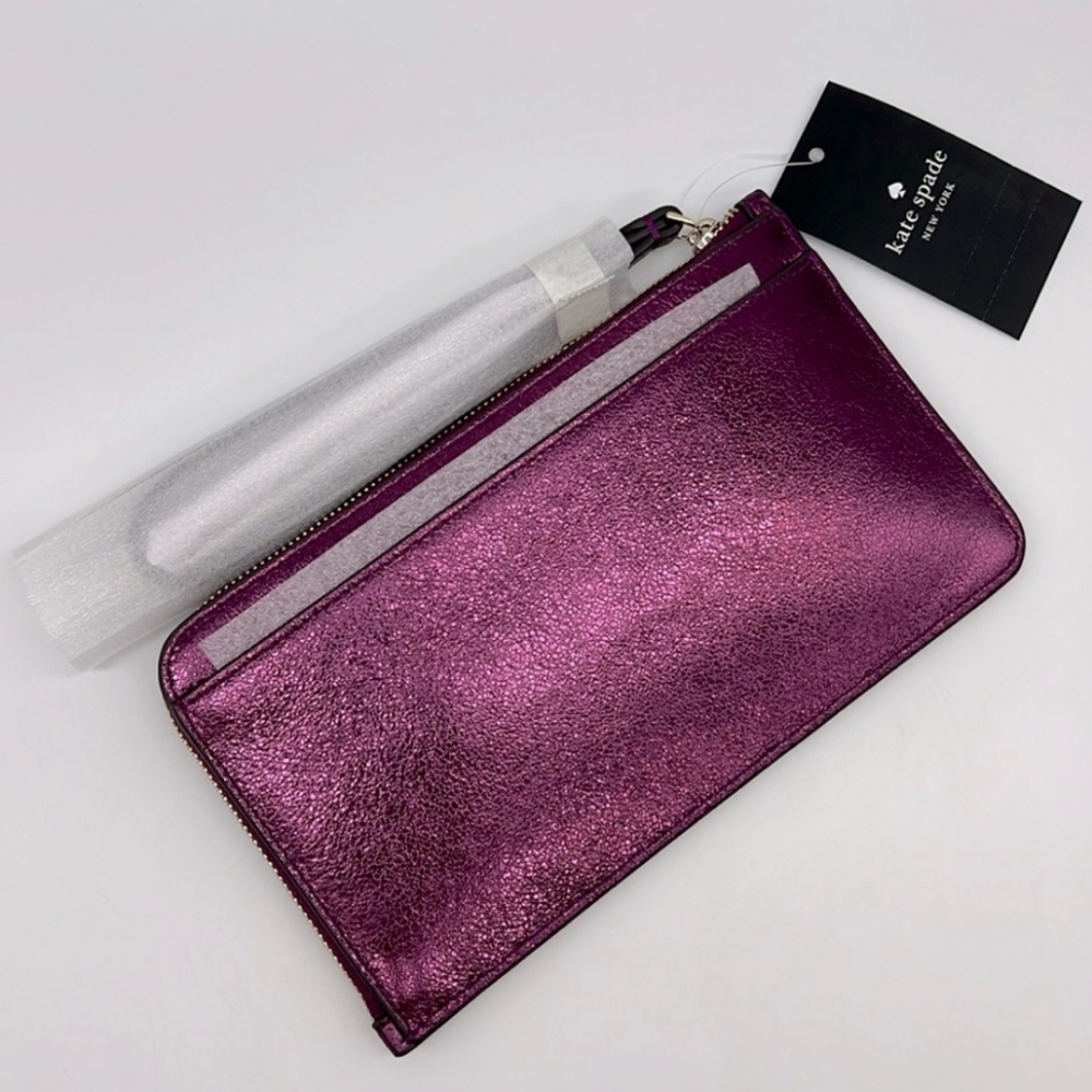 Kate Spade Lucy Metallic Medium L-zip Wristlet Dark Raspberry, back slip pocket - Picture 4 of 6
